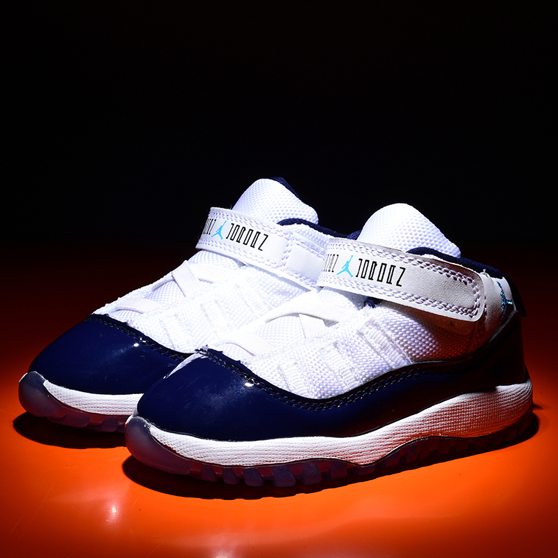 New Kids Jordan 11 Strap White Blue Shoes - Click Image to Close